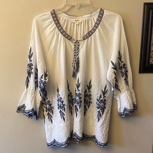 Key Mi White Blouse with Navy and white Embroidery